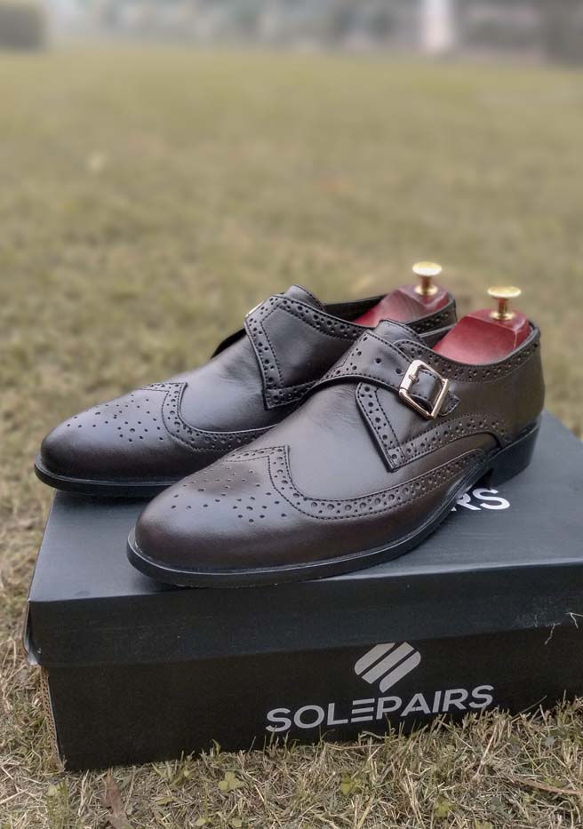 Dark Brown Single Monk Cow Leather Shoes Sku 386