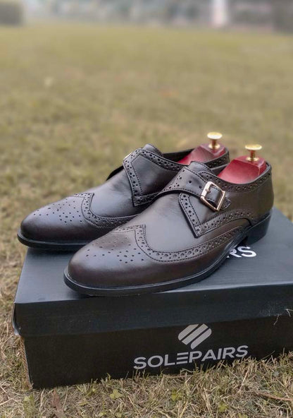 Dark Brown Single Monk Cow Leather Shoes Sku 386