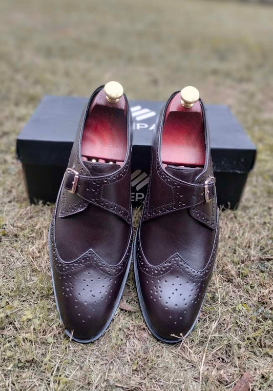 Dark Brown Single Monk Cow Leather Shoes Sku 386