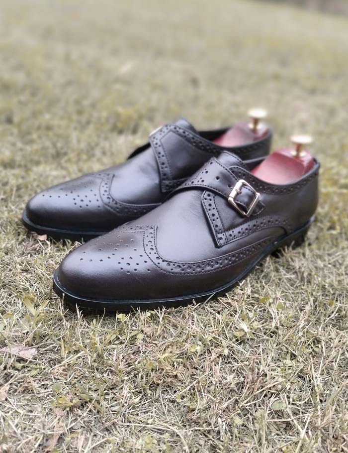 Dark Brown Single Monk Cow Leather Shoes Sku 386