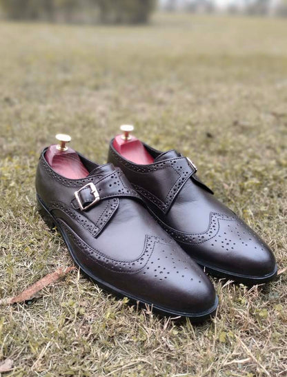 Dark Brown Single Monk Cow Leather Shoes Sku 386