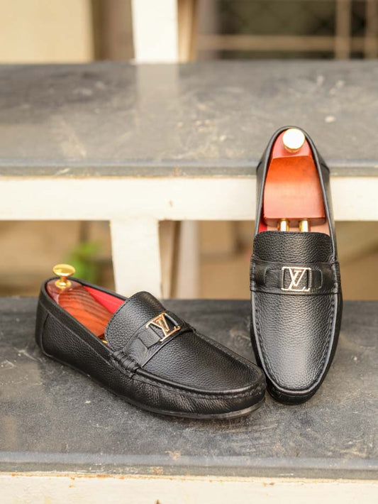 Black Driving Leather Loafer Shoes-Sku 36