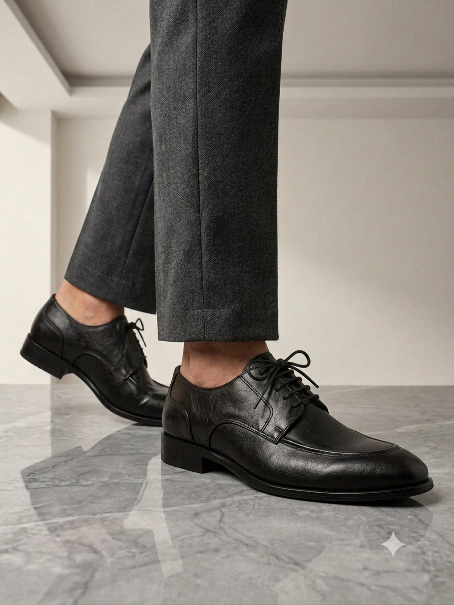 Black leather lace-up shoes - close-up detail